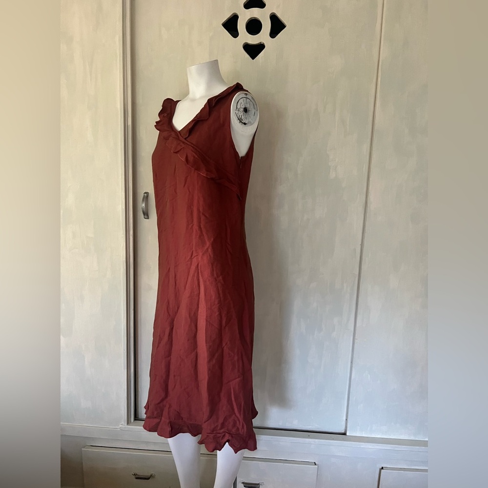 Deep Brick Red Raw Silk Sleeveless Dress with ruffles euro summer